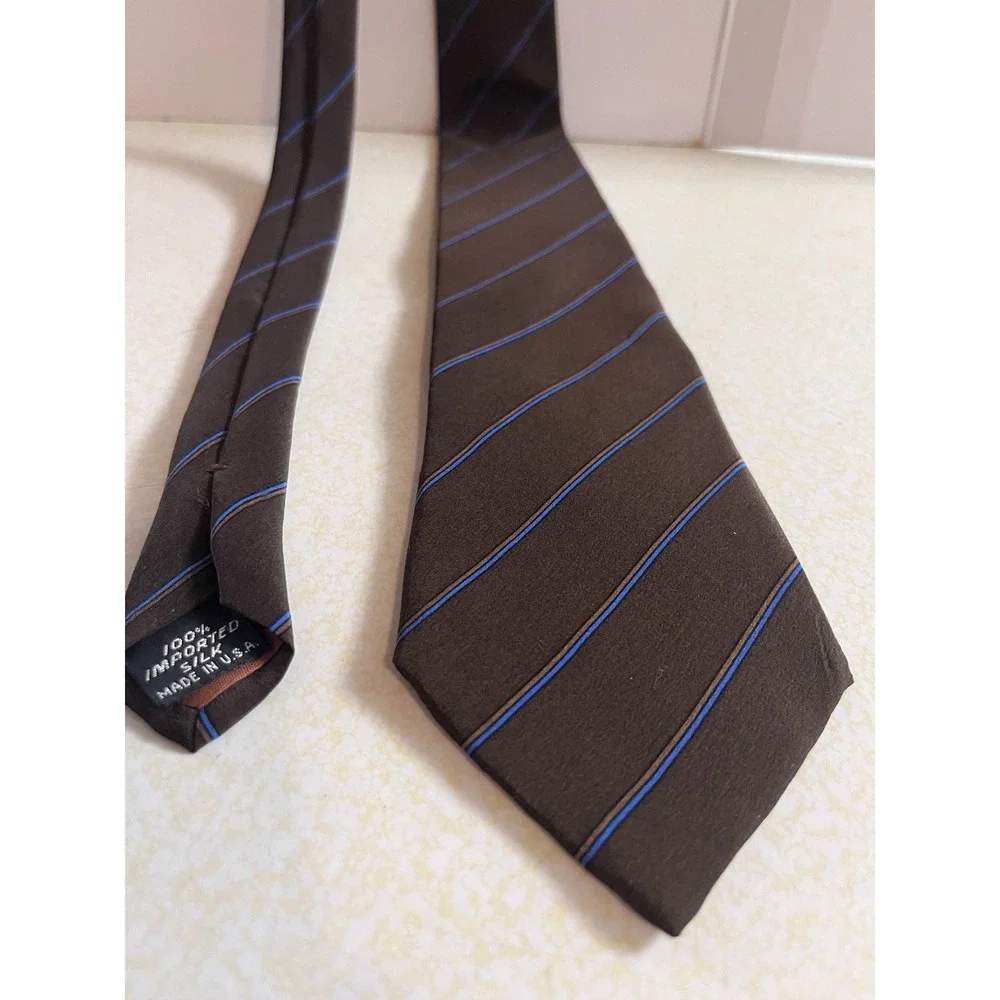 Vintage Roy Moses Menswear 100% Silk Tie Striped Blue Brown Made in USA 70s